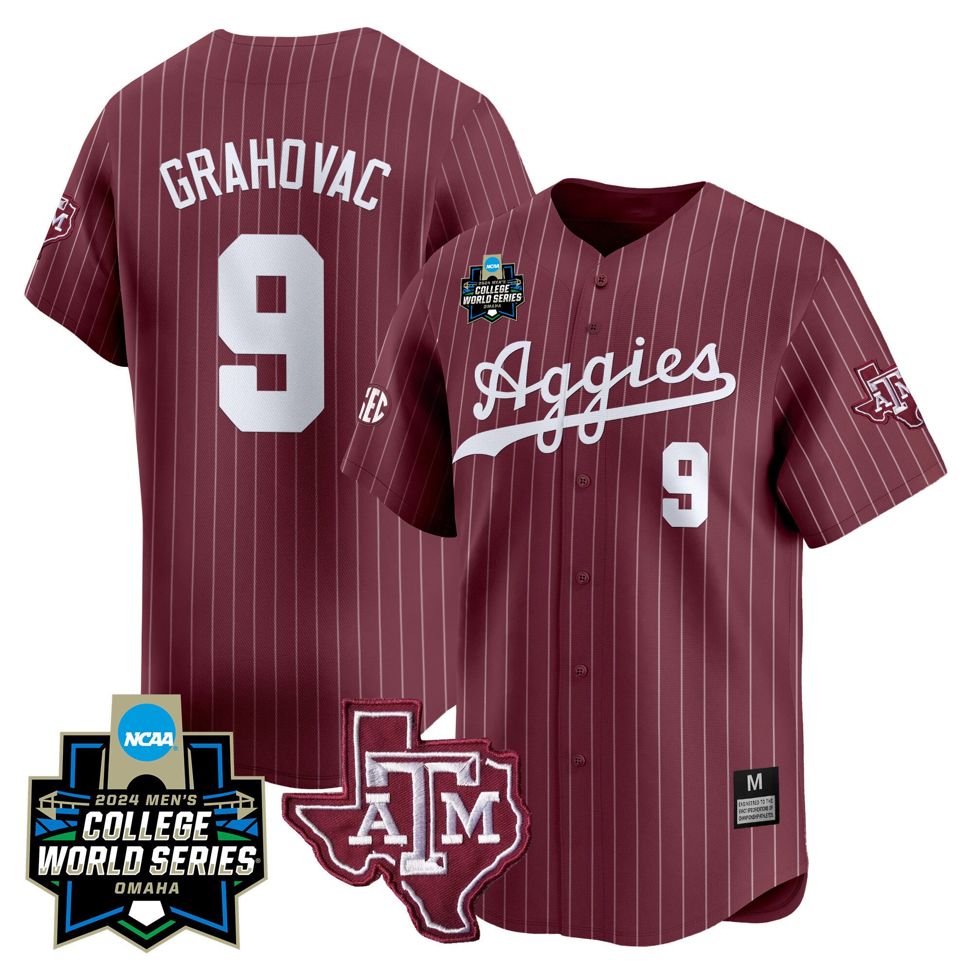Men Texas A&M Aggies #9 Grahovac Red Stripe 2024 College World Series Vapor Premier Limited NCAA Jersey